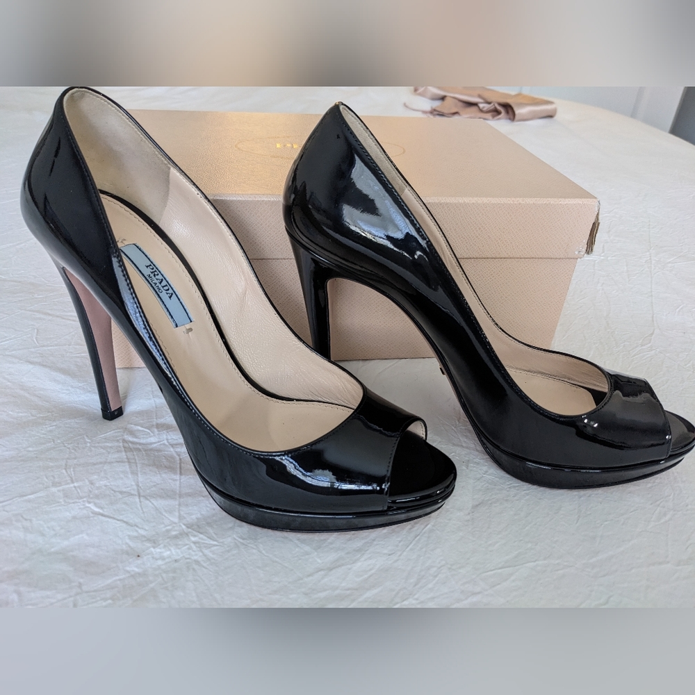 Prada Black Patent Leather Peep Toe Heels